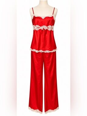 Victoria's Secret Red Satin Camisole & Pants Set with Cream Lace